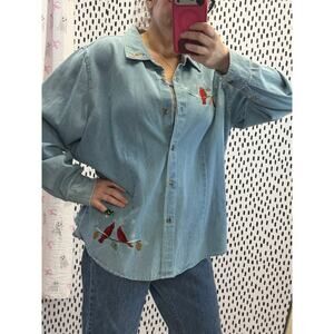 Vintage Baxter & Wells denim shacket with cardinals and acorn bling detail 2x